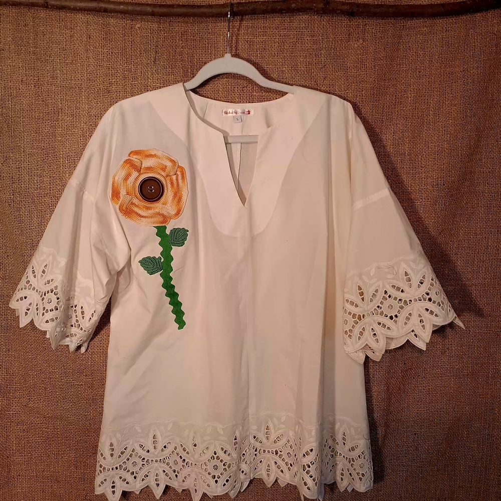 Beige Floral Trim Upcycled Women's Tunic